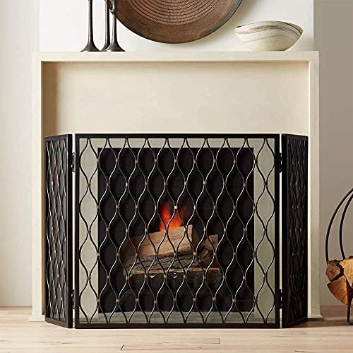 Pare-étincelles de cheminée, Protection Classique à 3 Panneaux, Motif Simple, avec Clous Couleur Laiton et Grille métallique Noire