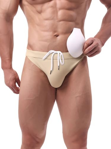 Summer Code Men's Swim Briefs Solid Bikini Padded Swimsuit Low Waist Swimwear with Adjustable Strings, Beige, Medium