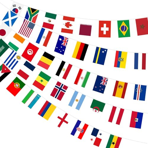 AhfuLife 2 Pezzi Bandierine Coppa del Mondo 2026, 14×21 cm-15m, 48 Paesi Bandiere del Mondo Include Bosnia ed Erzegovina, Repubblica Ceca e Svezia, Striscioni Decor per Mondiali, Eventi Calcio, Festa