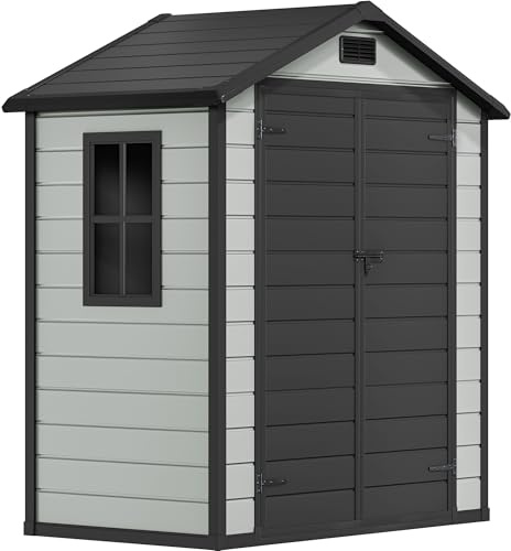 YITAHOME 6.2 x 3.4 FT Outdoor Storage Shed with Vents & Window, Plastic Garden Shed with Lockable Doors & Built-In Floor, Tool Storage for Backyard, Garden or Courtyard, Slate Gray& Black