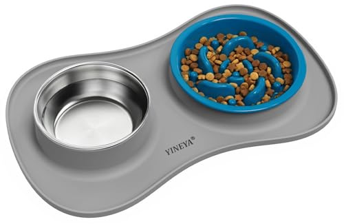 Slow Feeder Dog Bowls Stainless Steel Food and Water Bowl Set 3 in 1 No Spill Waterproof Silicone Pet Food Mat Puppy Feeding Station for Large Medium Small Breed Anti Choking Non Slip Metal Dish Tray