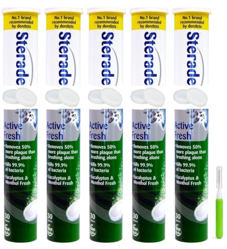 Steradent 5 Pack Active Fresh Denture Cleaning Tablets - 150 Tablets, False Teeth Cleaner, Retainer, Denture & Mouth Guard Sterilising Tablets, Multipack Bundle for Fresh Hygiene and Stain Removal