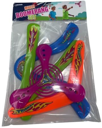 TOYFINITY Multi Boomerang Set, Pack of 4 Colourful Plastic Outdoor Throwing Toys for Kids and Family Garden, Park, Beach and Holiday Play, 25 x 14 x 2 cm