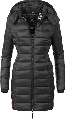 MARIKOO Damen Langer Wintermantel Warmer Steppmantel mit Abnehmbarer Kapuze Abendsternchen Schwarz Gr. M