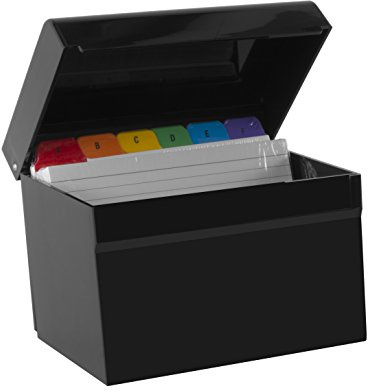 OSCO Small Black Hi-Gloss Plastic Index Box with A to Z Divider Tabs, 100 Lined Note Cards, Ruled Revision Flash, Recipe Notes, Contacts Filing, Desktop Organiser, Holds 5 × 3 Cards (127 × 76 mm)