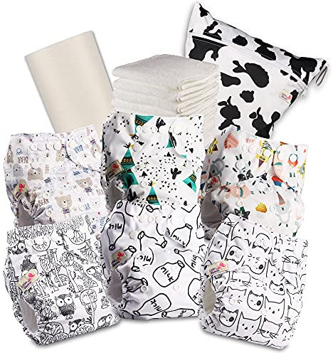 Littles & Bloomz 603PM6 wiederverwendbare Pocket-Babywindel aus Stoff, mit Standard-Druckknopfverschluss, 6 Windeln + 6 Einlagen, 1 Rolle Einwegeinlagen aus Bambus, 1 Beutel für nasse Windeln