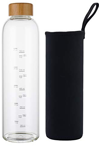 sunkey 32 oz Glass Water Bottle with Time Marker Bamboo Lid Neoprene Sleeve for to Go Travel Gym Home Reusable Eco Friendly Bpa Free (Black)