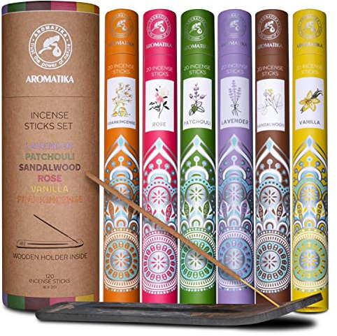 Räucherstäbchen Set - Räucherstäbchen Halter - Räucherstäbchen - 6 Düfte - Lavendel - Patchouli - Sandelholz - Rose - Vanille - Weihrauch - Aromatherapy Set - Aroma Stäbchen & Halter