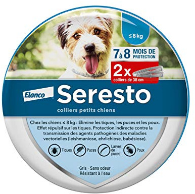 Seresto Collier Petits Chiens – 2 Colliers anti puces et anti tiques longue durée pour petits chiens de moins de 8kg – Protection leishmaniose, tiques, puces continue pendant 7 à 8 mois – Gris
