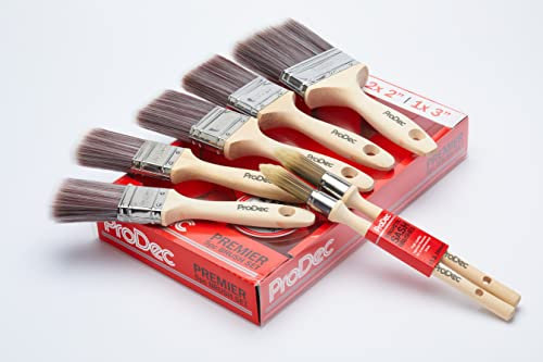 ProDec Juego de 7 brochas de Pintura sintética Premier Trade para un Acabado Liso con Pinturas de emulsión, techos, Madera, Metal, 2X 1,5, 2X 2, 1x 3 Pulgadas +2 brochas de Guillotina Gratis