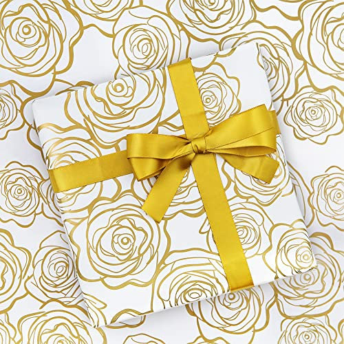 Geschenkpapier, goldenes Rosenmuster in weißem Kunstdruckpapier mit 1 Rolle Goldband, für Hochzeiten, Muttertag, Geburtstage, Babypartys, Brautpartys, Valentinstag oder jeden Anlass (6 Blätter)