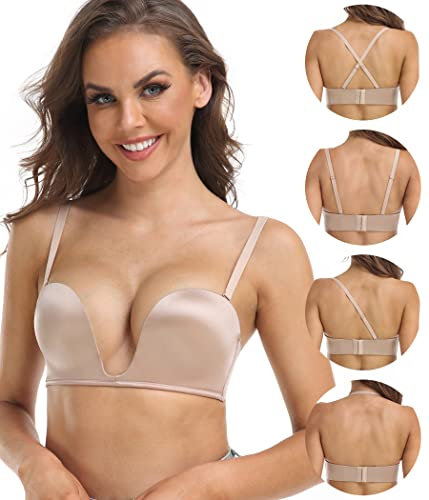 DotVol Push Up Convertible Strapless Bra for Women Underwire Deep U Plunge Padded Multiway Bra(Beige,32DD)