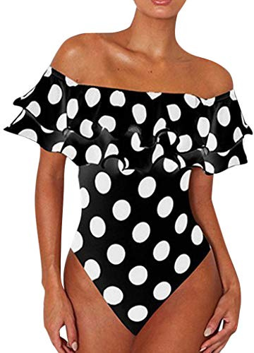 Women's One Piece Swimsuits Off Shoulder/One Shoulder Bandeau Swimsuit Retro Polka Dot Ruffle Womens Swimwear Sets Bikini Monokini Swimming Costume Padded Swimwears Tankinis Swimming Costume Girls