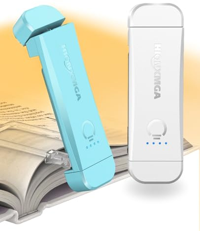 HIONXMGA USB Rechargeable Book Light,2 Pack Eye Caring Reading Light Clip on Book, 3 Colours & Stepless Dimming, Portable & Flexible,Perfect for Booklovers and Kids-Blue+White