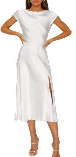 Women's Summer Satin Elegance Backless Twist Cap Sleeves Midi Dress 2026 Sexy Cowl Neck Slit Cocktail Wedding Guest Dresses White