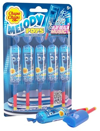 Chupa Chups Melody Pop Lot de 5 sucettes sifflantes à saveur framboise bleue emballées individuellement