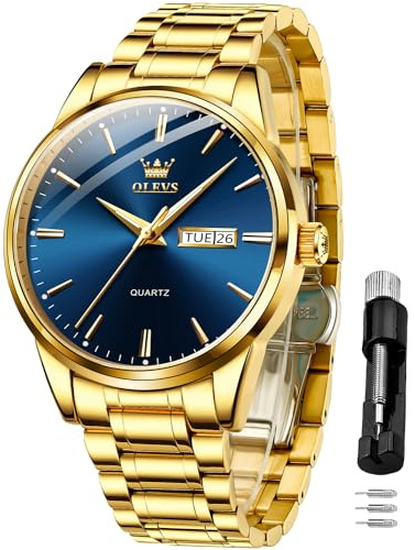 OLEVS Hommes Montre en Doré en Or Analogique Quartz Mode Casual Business Dress Montre - Bracelet Date Night Light ImperméAble Cadran Bleu