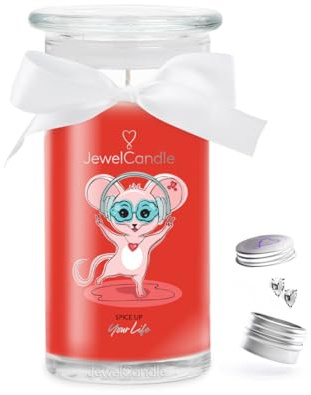 JuwelKerze Spice Up Your Life Ohrringe Silber - Schmuckkerze 80 Std - große Duftkerze im Glas mit fruchtigem Duft - Kerze mit Schmuck - Geschenke für Frauen, Geburtstag