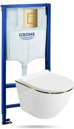 LAVITA Vorwandelement Solido + Wand Hänge WC Sofi Slim Gold Line Spülrandlos + + WC Sitz mit Absenkautomatik Goldener Knopf Komplettset Unterputz Spülkasten Toilette Komplett Sett WC