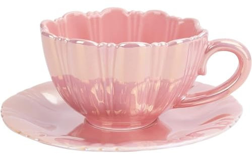 FülleMore Blumenform Kaffeetasse Set Perlenglanz Blumentasse 230ml Espressotasse niedliche Capuccinotasse mit Untertasse für Frauen Freundin Geburtstag Muttertag Valentinstag (Rosa)