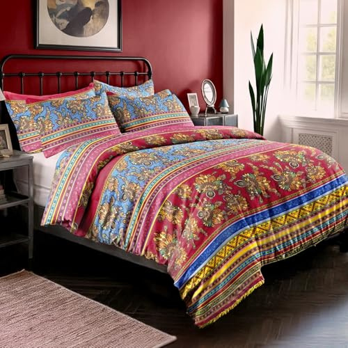 Dreamzie Copripiumino Matrimoniale 200x200 cm con 2 Federe 80x80 cm - In Microfibra - Motivo Boho Mandala Indiano Rosse & Blu - Set Copripiumino Matrimoniale 200x200