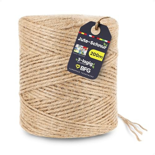 BFG Jute-Schnur 200m 2-3mm - Reißfeste 3-lagiges Juteschnur, Gartenschnur mit Naturfaser für Pflanzen und Dekorationen, Braun Paketschnur, Jutegarn für Verpackung und Handwerk
