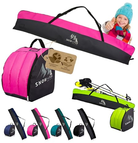 BambiniWelt - Set da sci per bambini, 125 cm, borsa da sci e borsa per scarponi da sci Cordura, impermeabile, scomparto per casco e scomparto per occhiali da sci e sport invernali, colore: nero/rosa