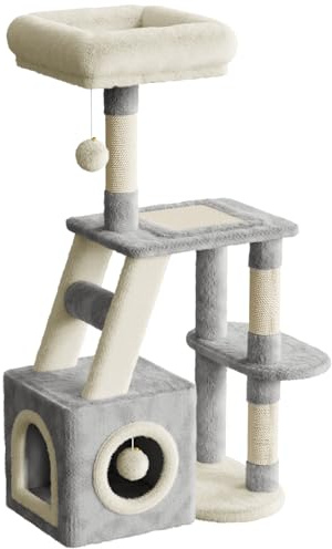 Dogat Cat Tree, 107cm Cat Scratching Post for Indoor Cats, Multi-Level Stable Cats Tower with Scratching Post and Perches, 2 Plush Toy Balls, 1 Cave, for Kitten Climbing, Playing (Grey and Beige)