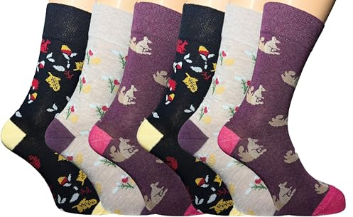 Lot de 6 paires de chaussettes diabétiques pour femme - Doux au toucher - Avec design coloré et motif chat - Chaussettes diabétiques pour femme - Taille 37-40, écureuil 6, taille unique