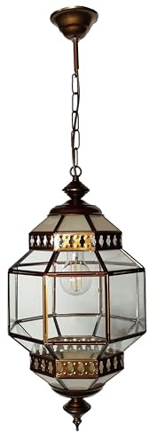 Lámpara Colgante Marroquí, Farol Granadino de Vidrio y Metal, Estilo Oriental, Color Bronce (Trans-Op, 40x23 cm)
