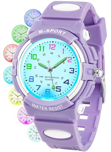 DTKID Orologio Bambino Bambina, Luci 7 Colori - Orologio Analogico per Bambini al Quarzo, Impermeabile 3 ATM, per Bambini e Ragazzi 5-18 Anni