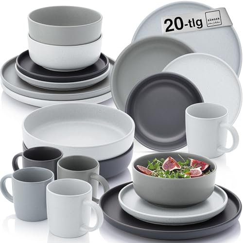 SÄNGER Leeds | Kombiservice 20 teilig, Steingut Geschirr 4 Personen, 4x Speiseteller 4x Dessertteller 4x Schalen 4x Pastateller 4x Kaffeebecher, Teller Set bunt | VALUE COLLECTION