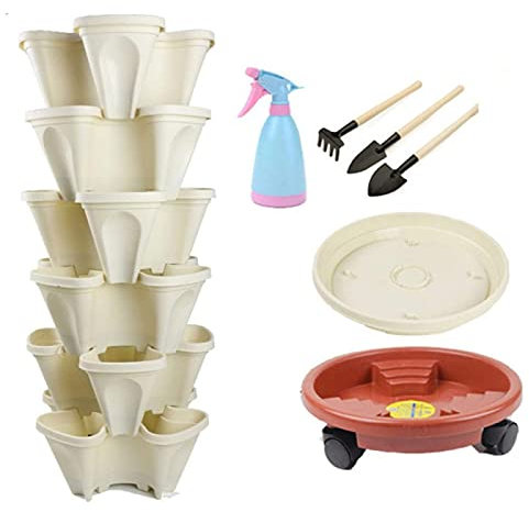 Maceta vertical apilable de 6 niveles, torre de jardín de riego automático para hierbas y fresas, macetas apilables que ahorran espacio, juego de jardinería al aire libre beige