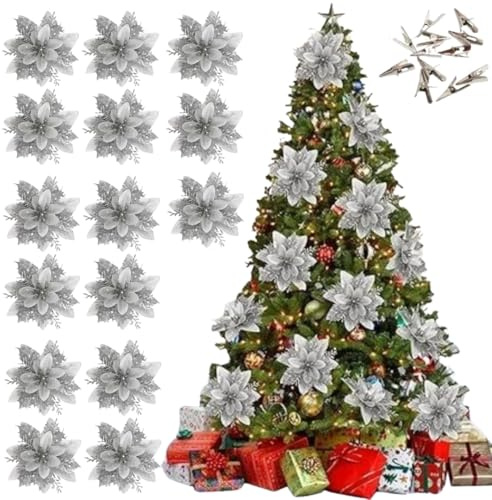 15 Fiori Albero Di Natale Argento, Fiori Grandi Per Albero Di Natale Diametro 14 cm Resistenti Con Gancio Di Montaggio Incluso, Rose Argento Per Addobbi Natalizi