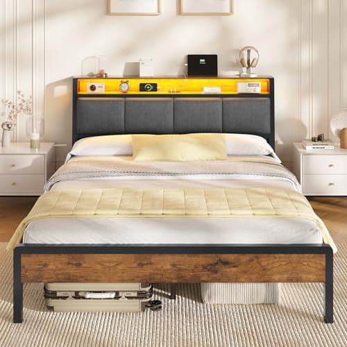 Double Bed Frame 135 x 190 cm with LED Light, Upholstered Headboard with Sockets, 4FT6 Upholstered Bed with Open Shelf, Metal Platform Support, Noise Free, No Box Spring Required, Easy Assembly, Brown