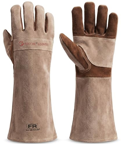AOUCHI Gants de soudage en cuir de vache à manches longues ignifuges et résistants à la chaleur pour barbecue, lutte contre les incendies, cheminée, four, pâtisserie, poêle, manique (Brown, XXL)