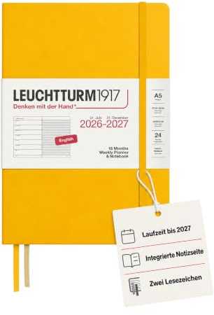 LEUCHTTURM1917 Veckokalender 2027 A5 med anteckningsbok, linjerad – möteskalender engelska, 18 månader juli 2026 – december 2027, solros, inbunden 210 x 145 mm, veckoöversikt vänster + anteckningssida
