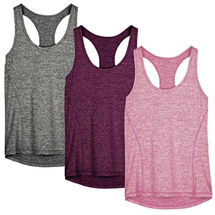 icyzone Donna Canotta Sportiva Running Racerback Top Senza Maniche Fitness Palestra Shirt, Pacco da 3 (S, Charcoal/Red Bud/Pink)