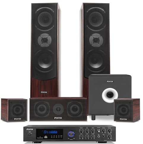 Fenton Heimkino System Komplett Set, 5.1 Soundsystem 245 Watt RMS, Bluetooth Verstärker, MP3-USB, AUX, 5 Lautsprecher und 10 Subwoofer, Surround Sound System, inkl. Fernbedienung - Braun