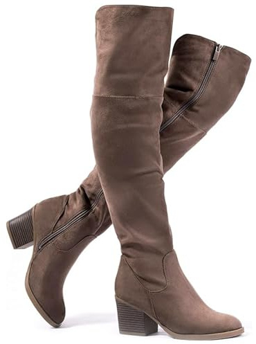 katliu Women's Thigh High Boots Sexy Stacked Block Heel Boots Over the Knee Khaki 7.5