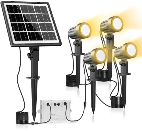 MEIKEE Solar Gartenleuchte 4 Stück 2700K Warmweiß 3 Helligkeit 2 Modi Gartenbeleuchtung mit Erdspieß 5000MAH IP66 Wasserdicht Solar Strahler für Außen Garten Rasen Terrasse Baum Aussen