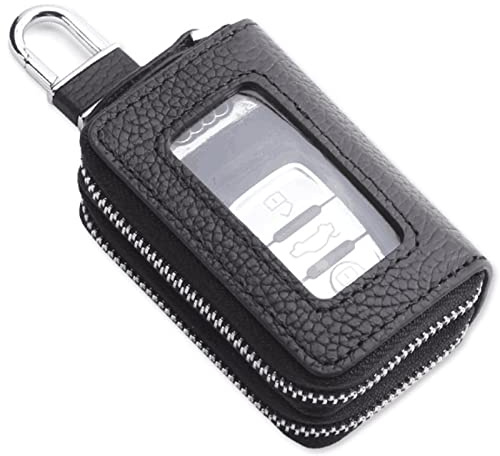 Car Key Case, Double Sides Pocket Zipper Remote Fob Keychain Holder Pouch for Men Women, Genuine Leather with Visible Window & Metal Hook & Keyrings (Black w/Window)