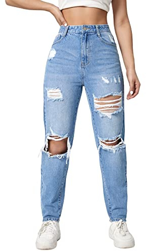 WDIRARA Women's High Waist Button Slant Pocket Ripped Zipper Fly Carrot Denim Jeans Light Wash XL