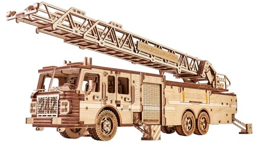 Wood Trick Rettungsfeuerwehrauto beweglich – drehbare ausziehbare Leiter – 3D-Holzpuzzles für Erwachsene und Kinder zum Bauen – Fahrten bis zu 6 m – Holzmodelle Engineering DIY Projekt Mechanisches