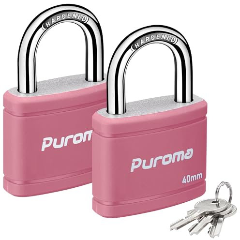 Puroma 2 Pack Keyed Padlock with 3 Keys Alike, 1.1 Inch Locker Lock 40mm Heavy-Duty Locks for Gate Fence Hasp Cabinet Toolbox School Gym Locker (Pink)
