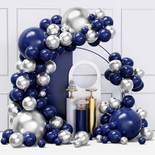 Kit de guirnalda de arco de globos azules y plateados, 134 globos azul marino y plateado con diferentes tamaños para fiestas de cumpleaños, baby shower, graduación, clase de 2024, decoraciones de