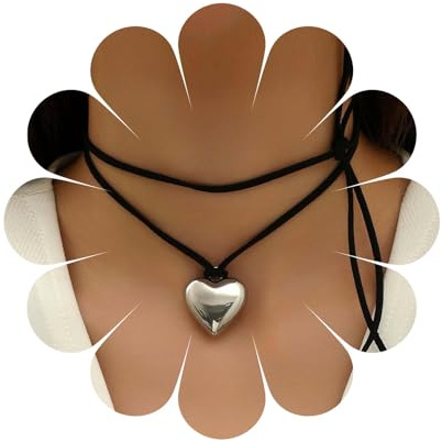 Aneneiceera Vintage Layered Leather Heart Choker Necklace Black Velvet Choker Necklaces Silver Puffy Heart Pendant Necklaces Long Suede Tie Up Choker Necklace Jewelry for Women