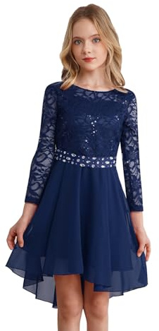 Sywiyi Flicka långärmad aftonklänning festlig festklänning blomsterflicksklänning med spets vokuhila klänningar elegant för bröllop fest, Marinblå, 158-164