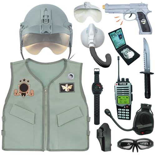 RedCrab Déguisement Pilote Avion de Chasse Enfant avec Casque, Gilet, Masque à Oxygène, Talkie-Walkie et Autres Accessoires, Jeu de Rôle de Pilote Enfants Garçons Carnaval Halloween Costume