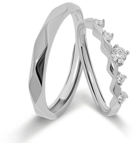 Meissa Alianzas Anillos de Pareja para Boda y Compromiso para Mujeres Hombres en Plata de Ley 925 Ajustables, con Banda de Diamante Corte Princesa, Juego de Dos Anillos Ajustables